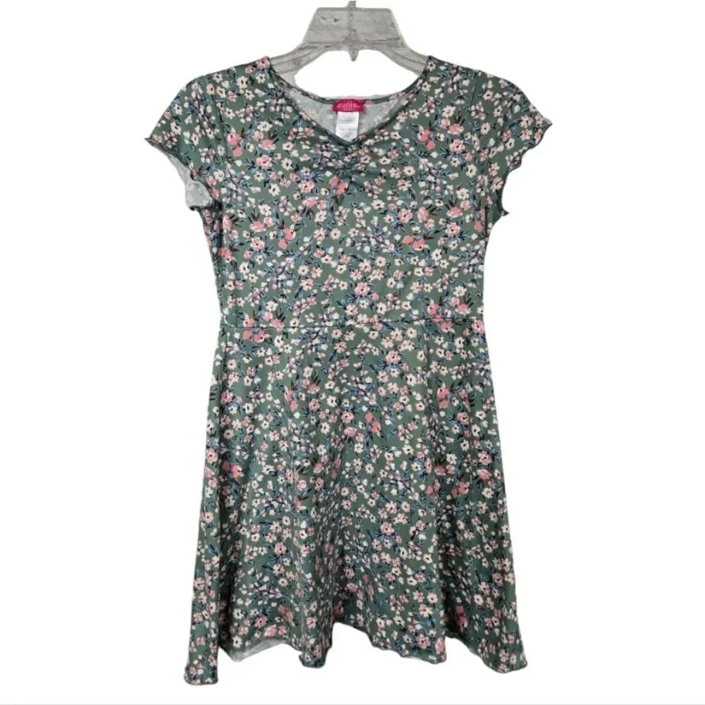 Zunie Girl L 10/12 Sage Floral Jersey Knit Short Sleeve Skater Dress Fit & Flare
